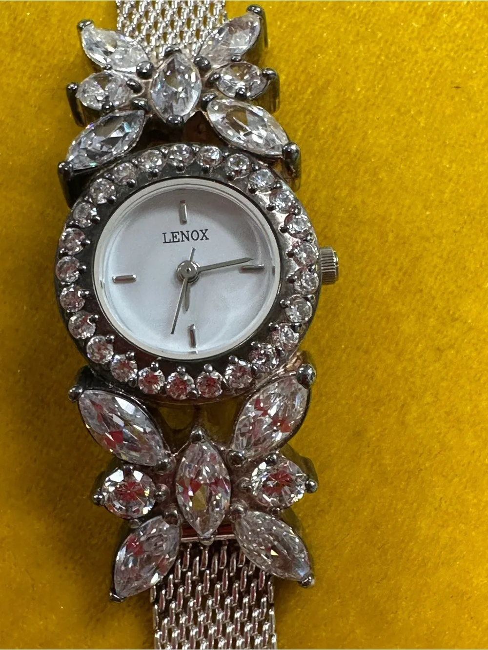 Lenox Crystal Floral Bracelet Watch Silver Tone Mesh Band Elegant Dress Watch
